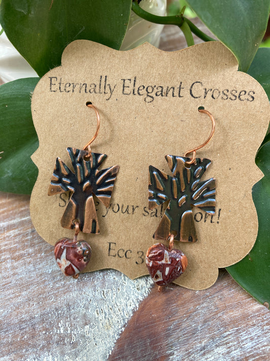 Agate Heart Tree of Life Copper Cross Earrings