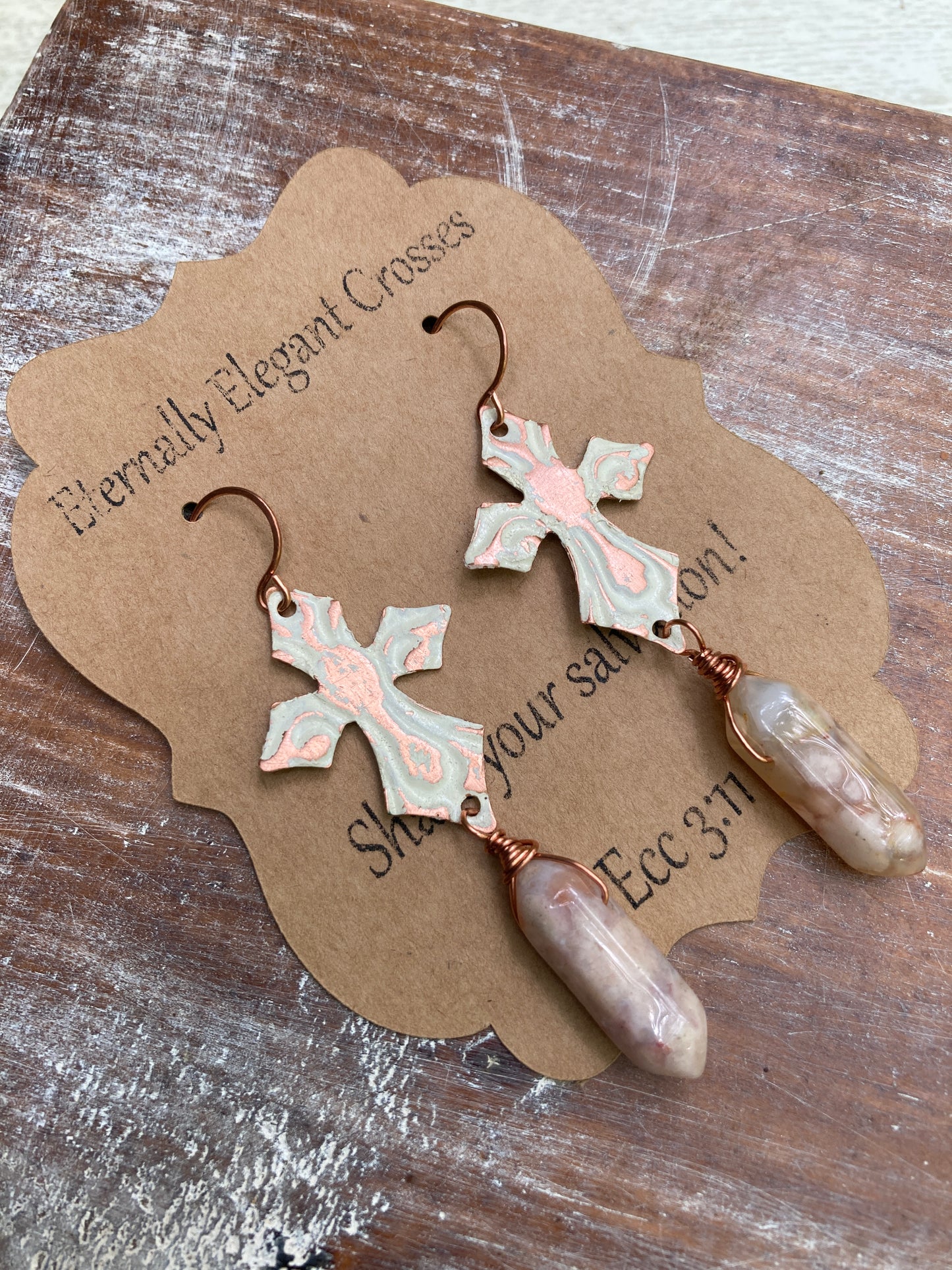 Agate Distressed Copper Cross Earrings