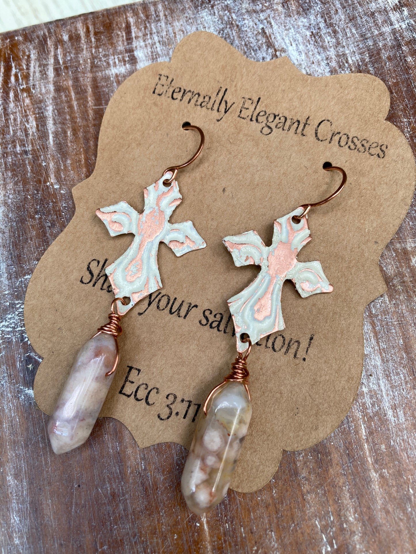 Agate Distressed Copper Cross Earrings