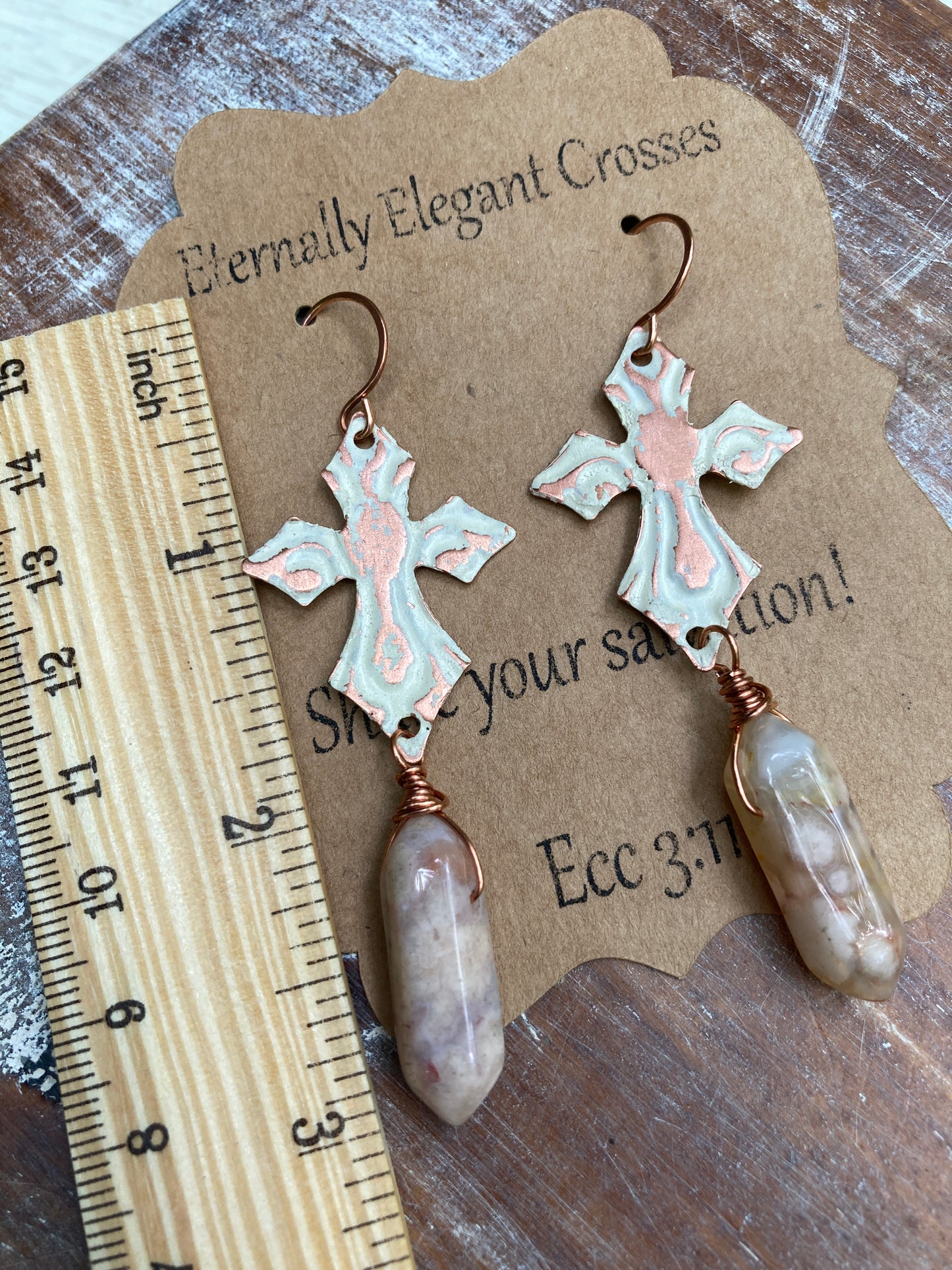 Agate Distressed Copper Cross Earrings