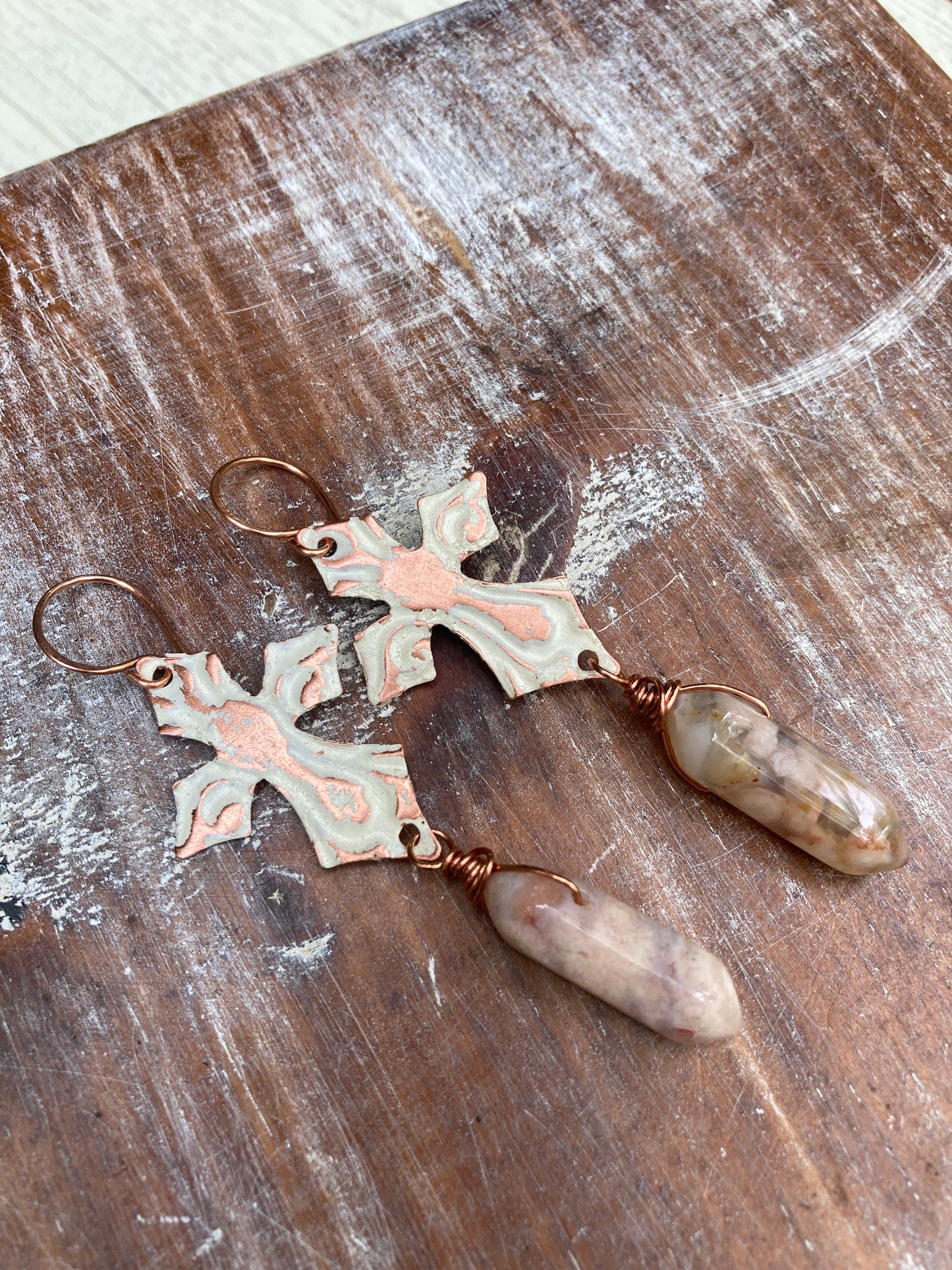 Agate Distressed Copper Cross Earrings