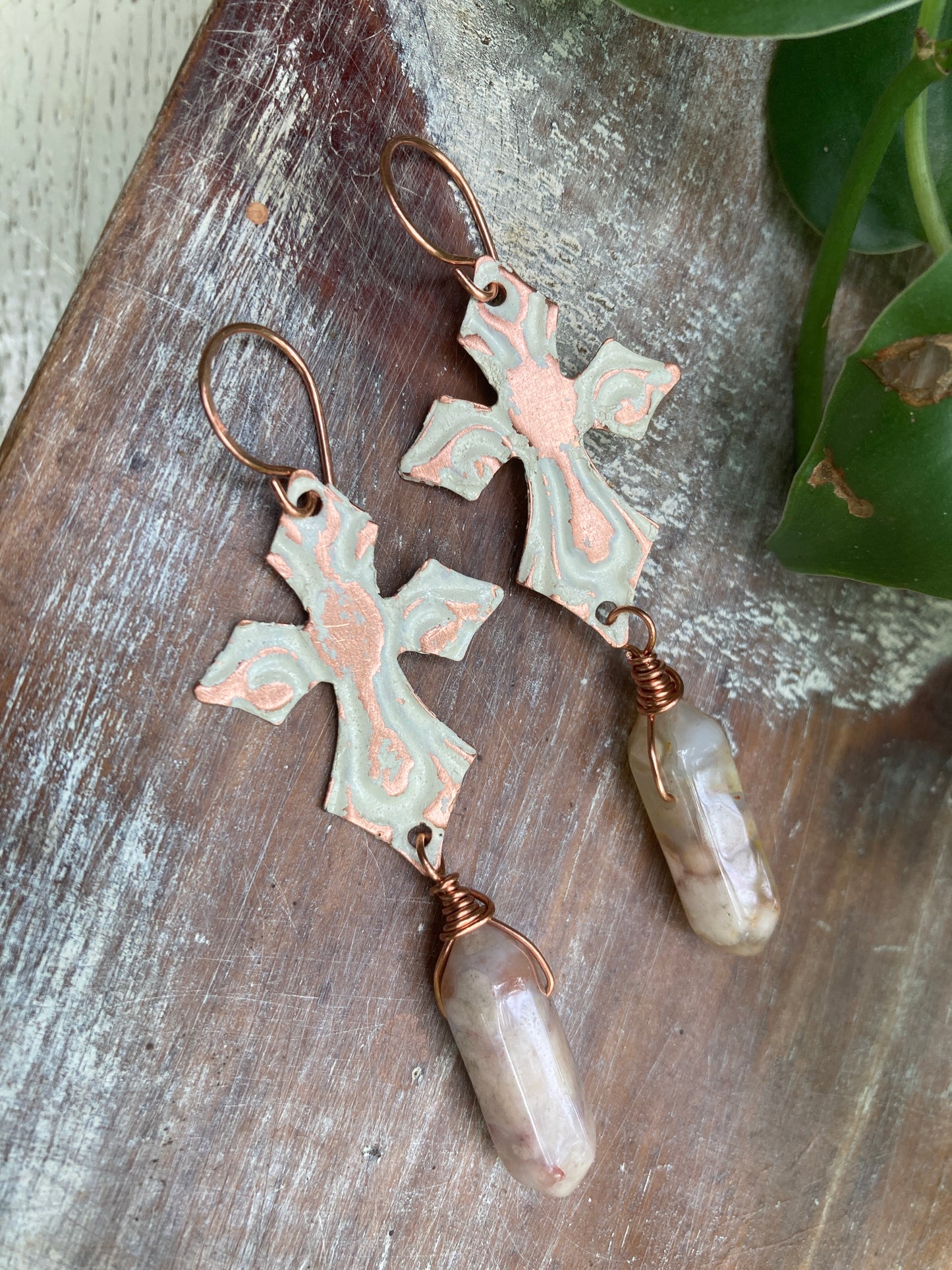 Agate Distressed Copper Cross Earrings