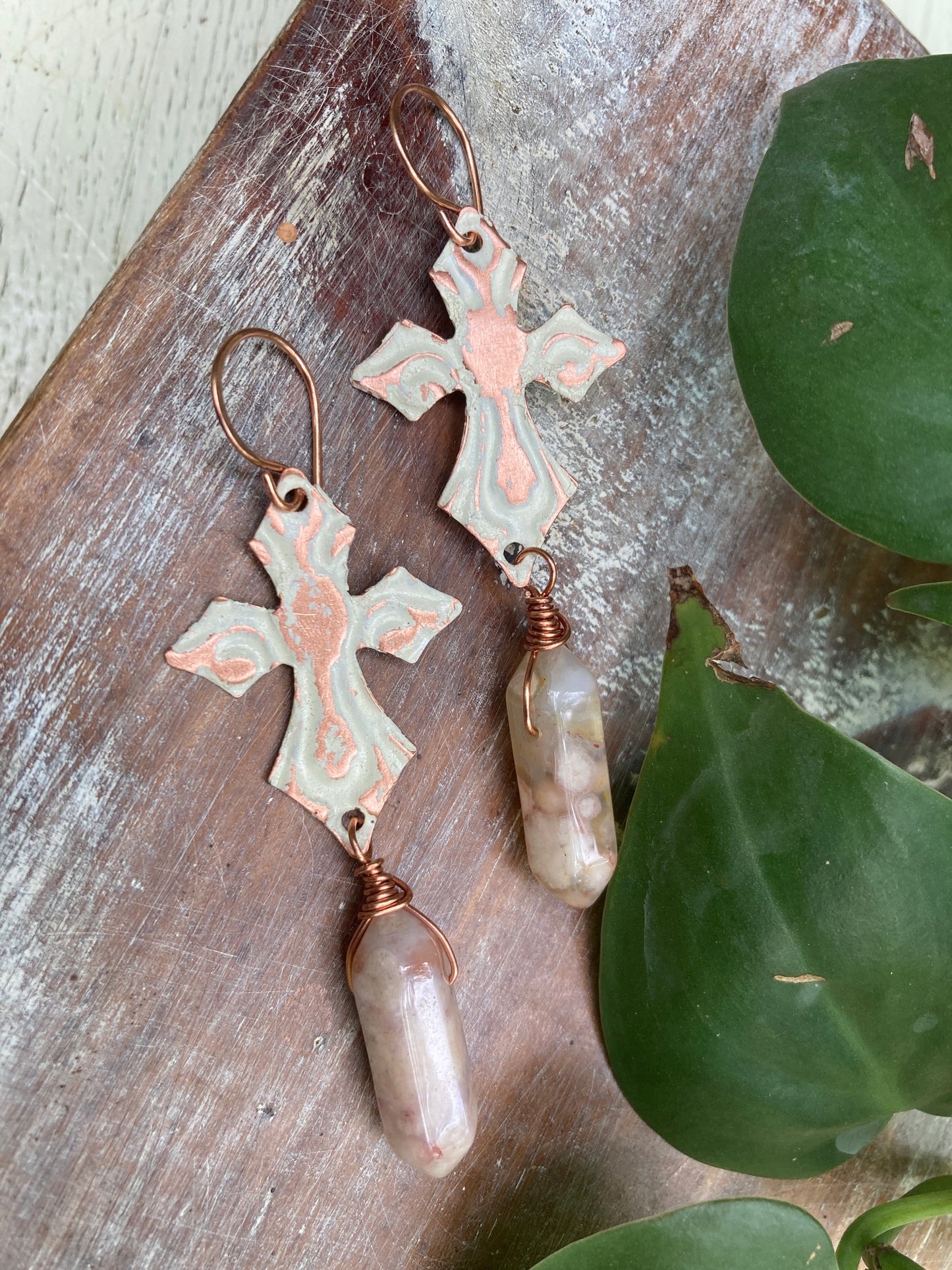 Agate Distressed Copper Cross Earrings