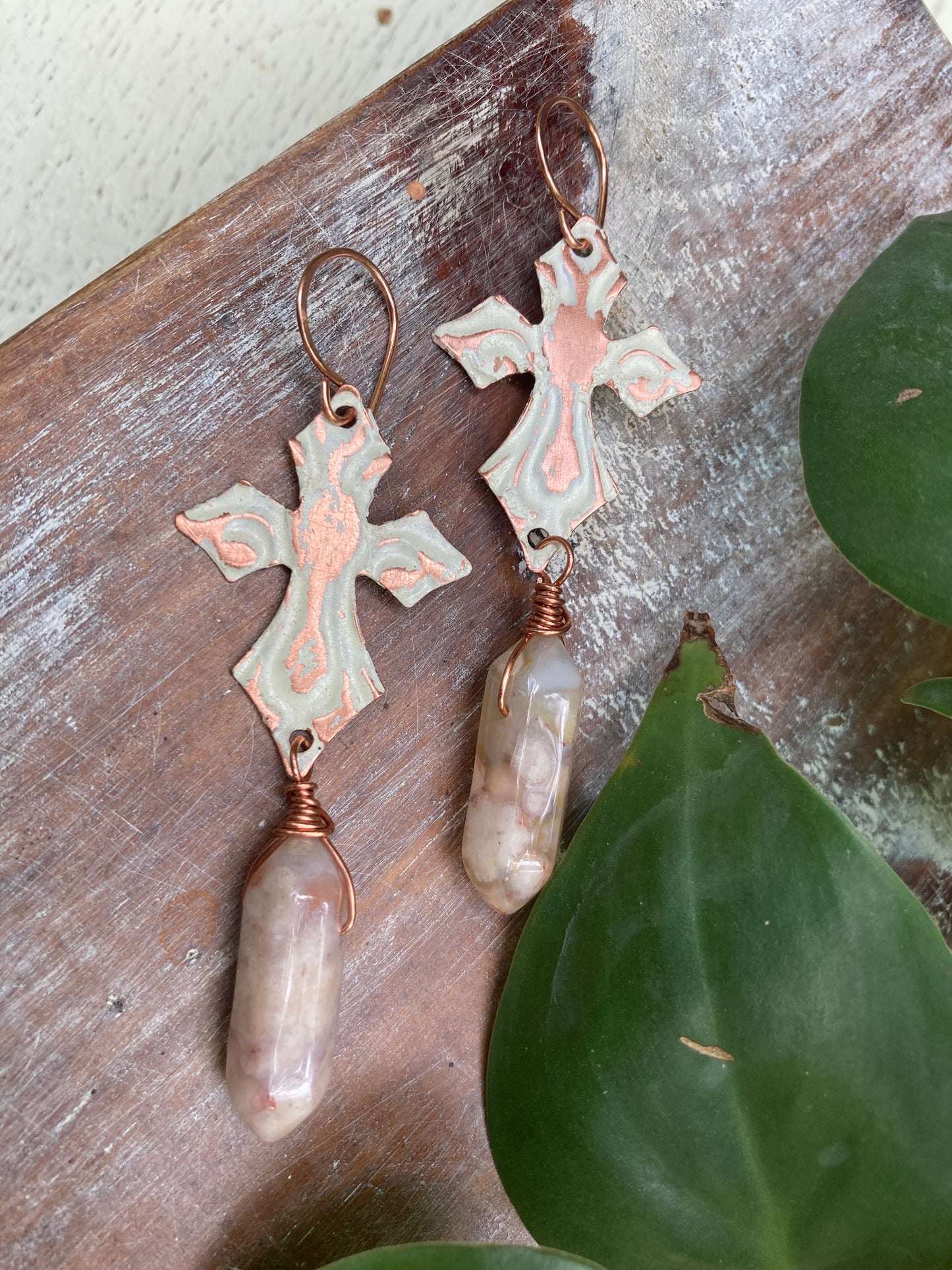 Agate Distressed Copper Cross Earrings