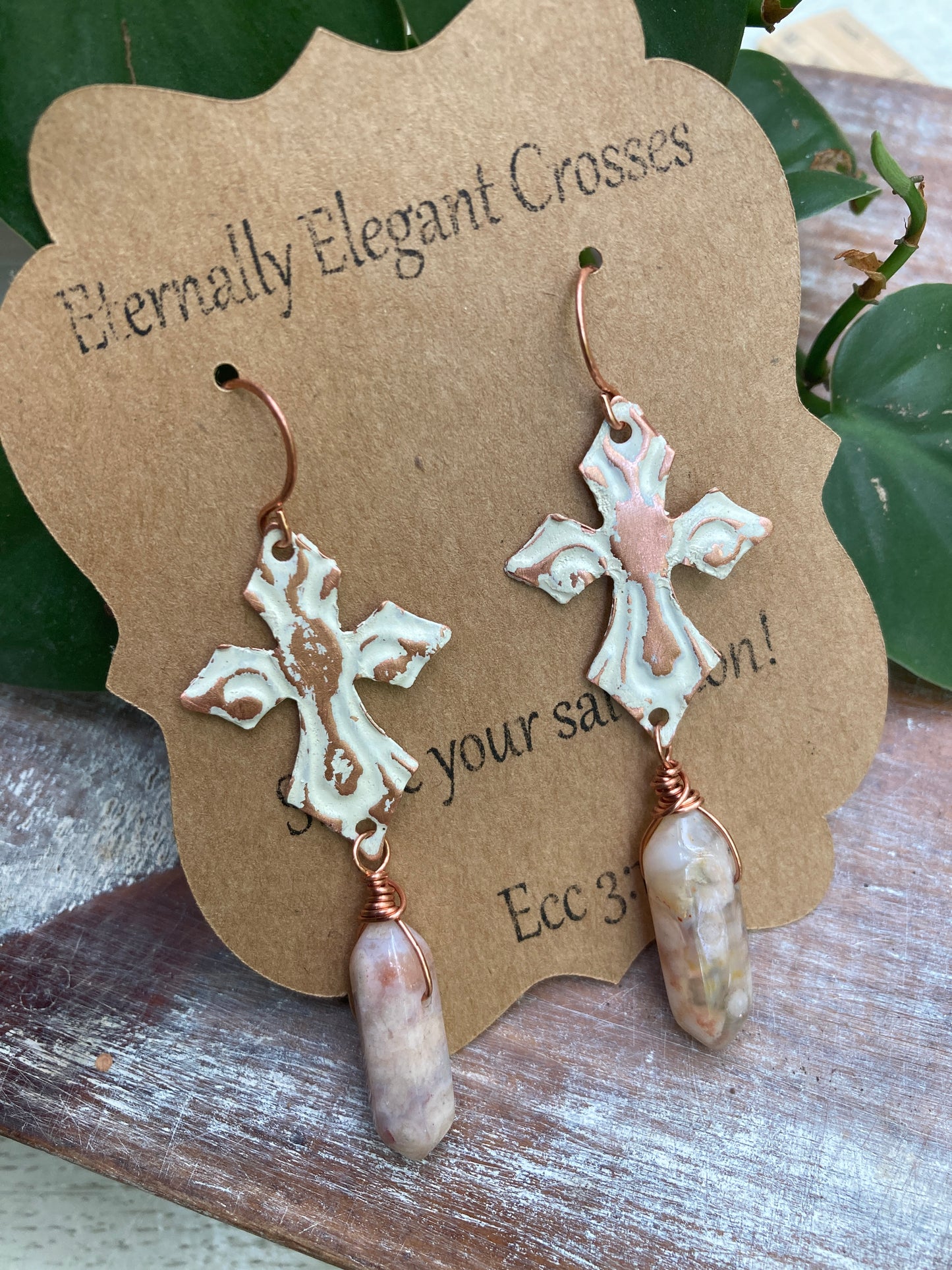 Agate Distressed Copper Cross Earrings