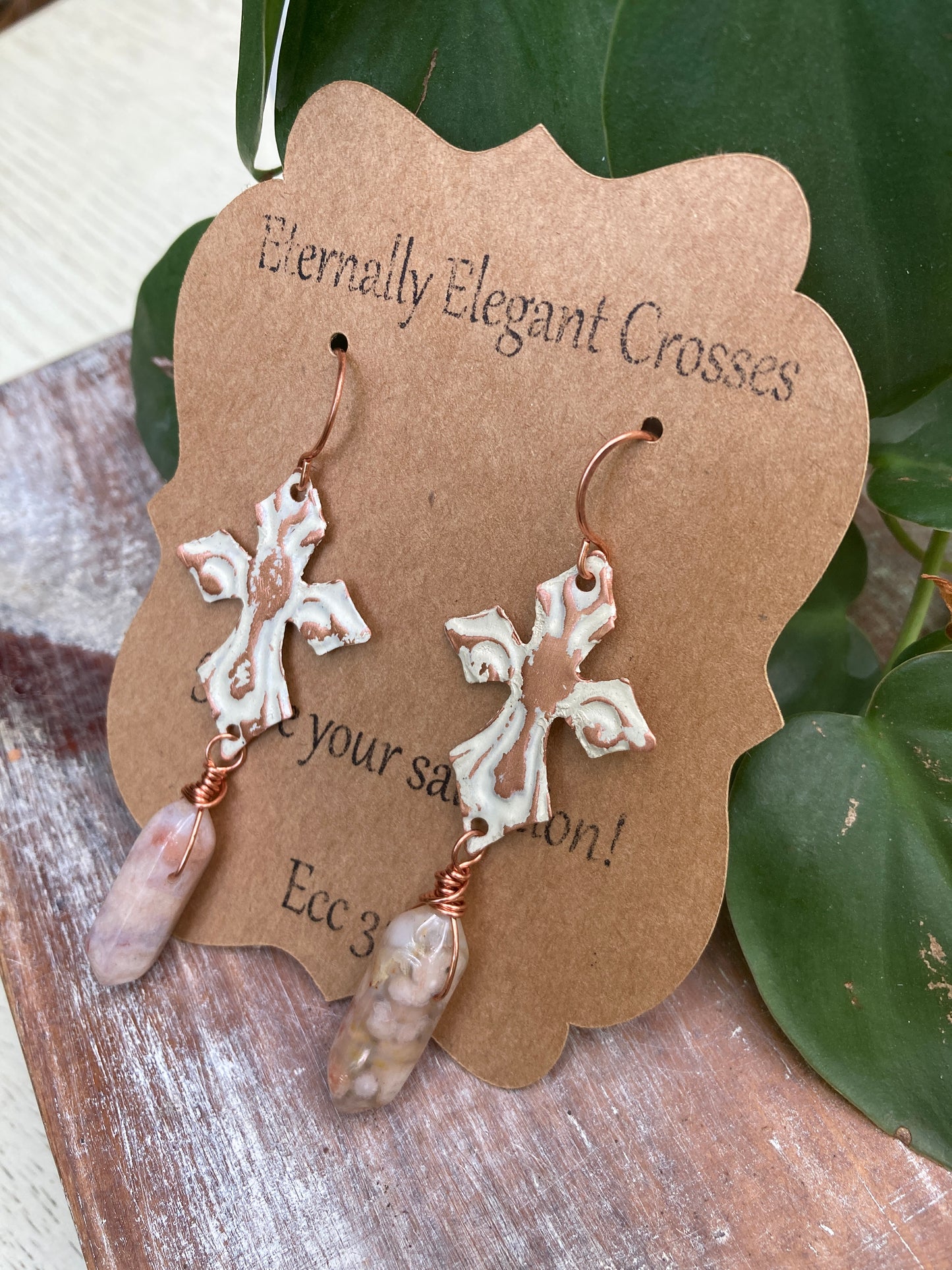 Agate Distressed Copper Cross Earrings