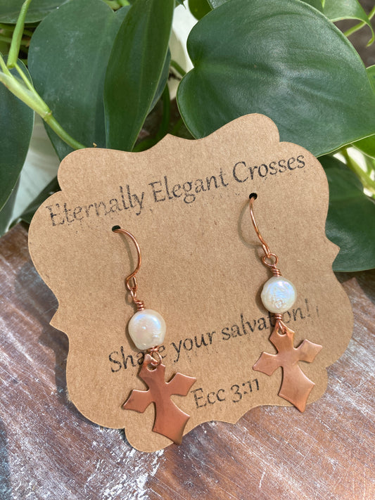 Coin Pearl Copper Cross Earrings