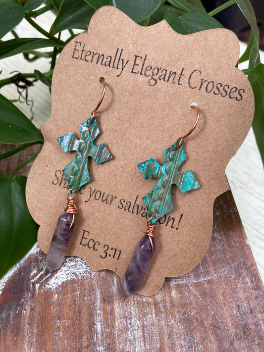 Amethyst Point Patinaed Copper Cross Earrings