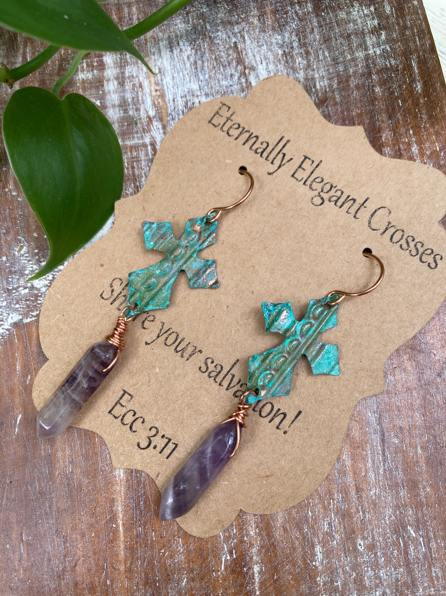 Amethyst Point Patinaed Copper Cross Earrings