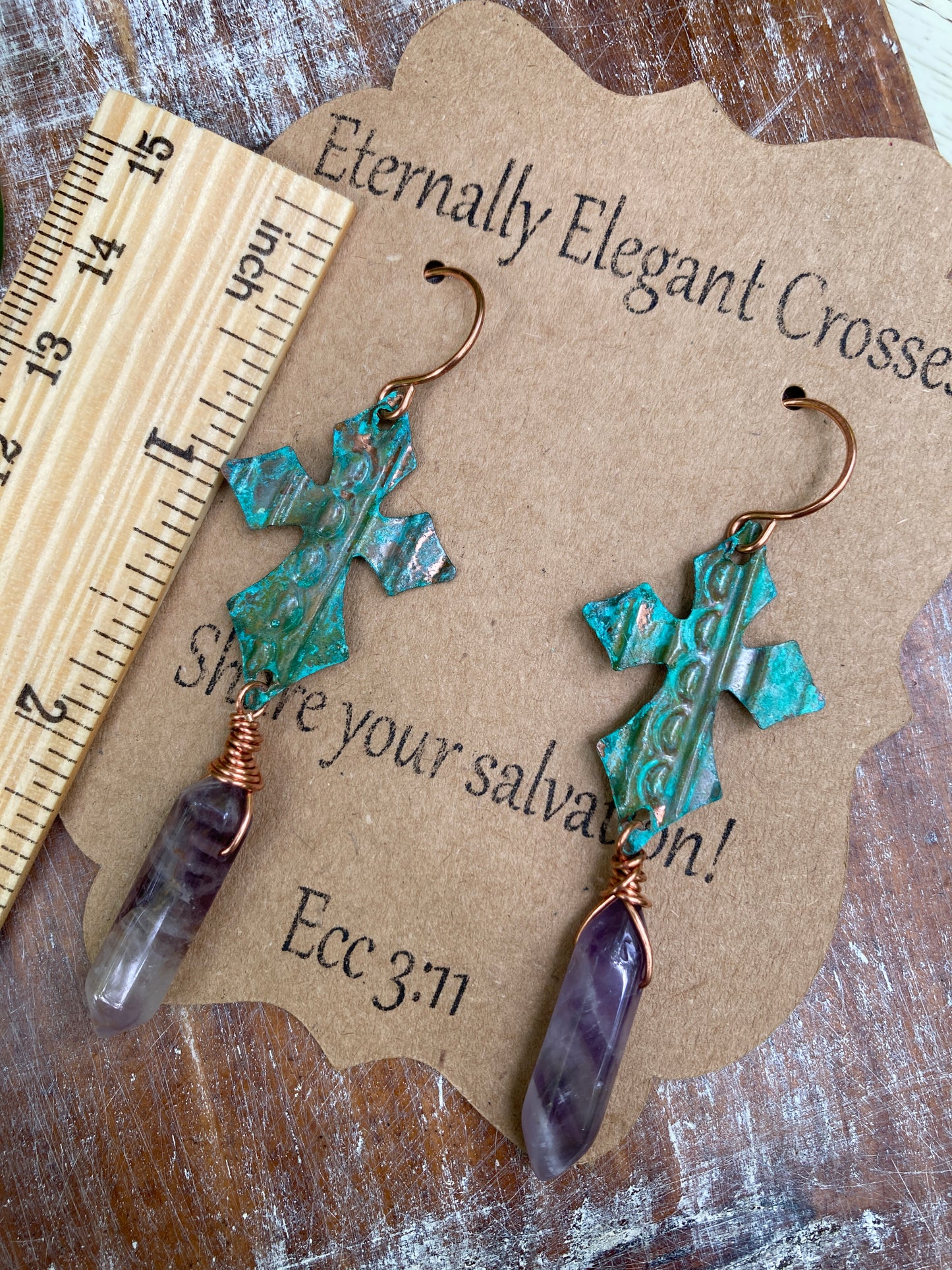 Amethyst Point Patinaed Copper Cross Earrings