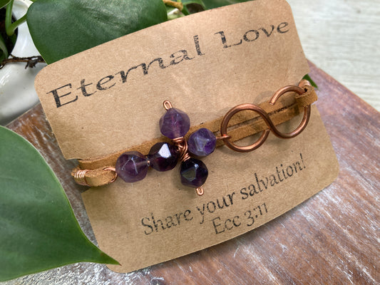 Amethyst Cross Leather Copper Infinity Wrap Bracelet