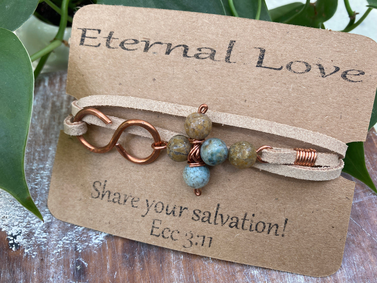 Blue Sea Sediment Cross Leather Copper Infinity Wrap Bracelet