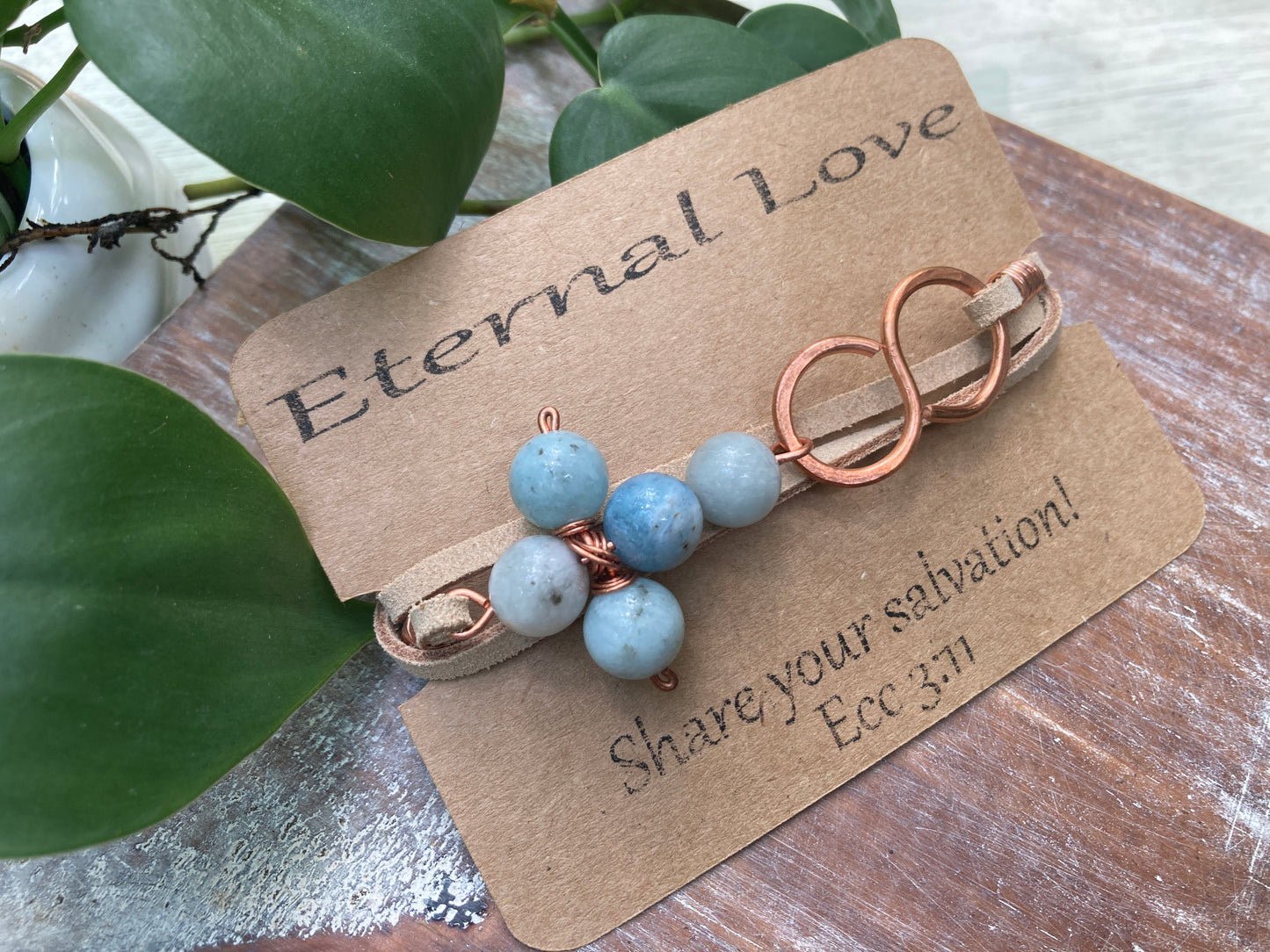 Aquamarine Cross Leather Copper Infinity Wrap Bracelet