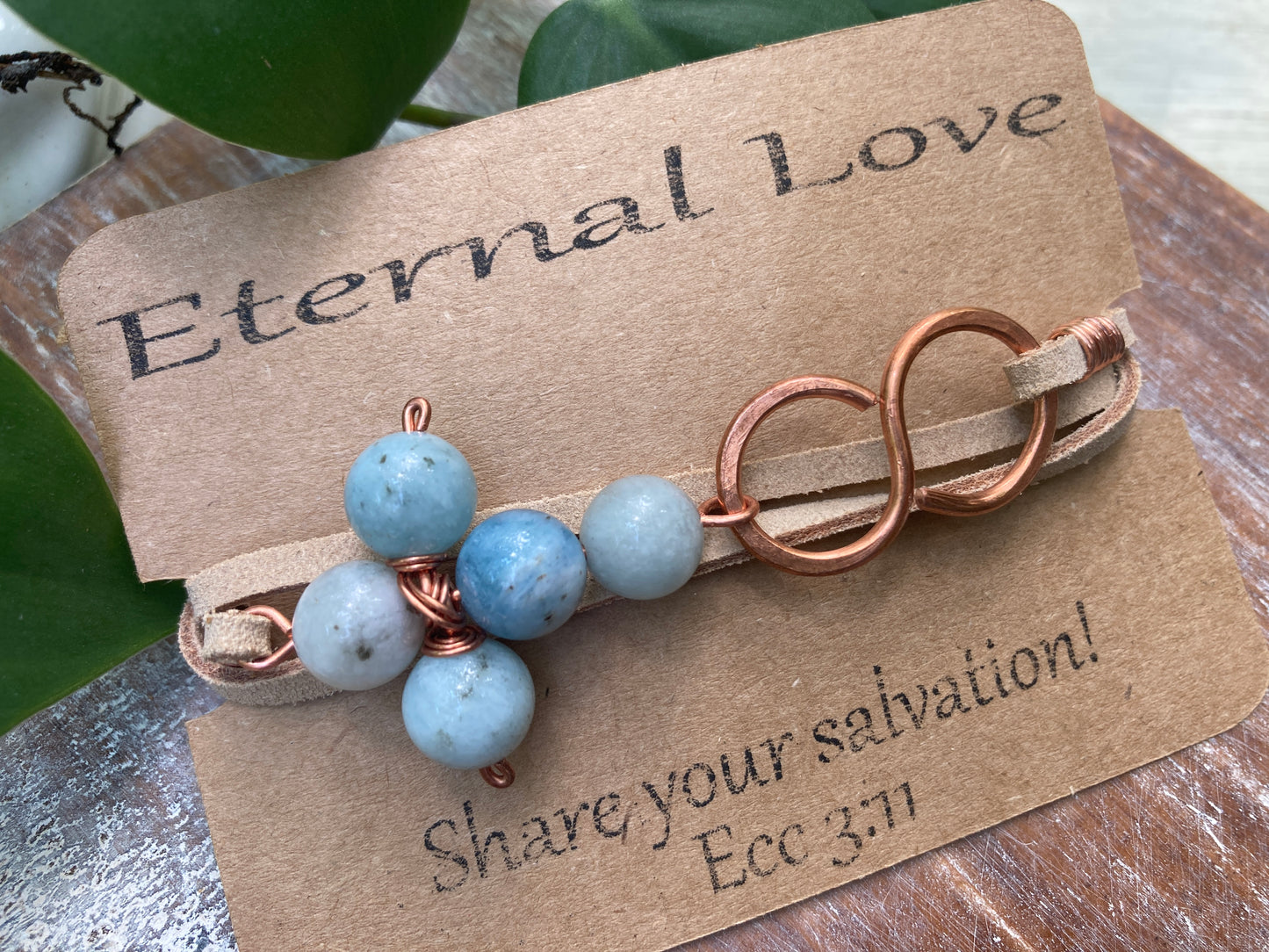 Aquamarine Cross Leather Copper Infinity Wrap Bracelet