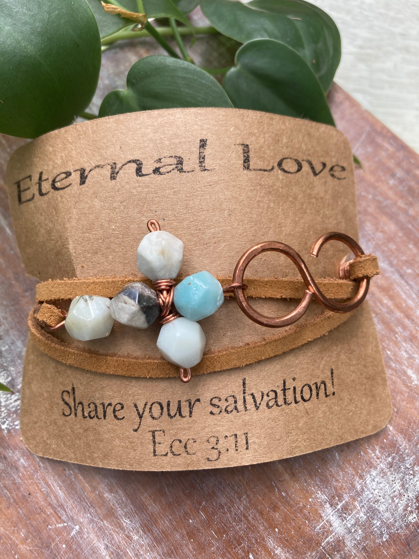 Amazonite Cross Leather Copper Infinity Wrap Bracelet