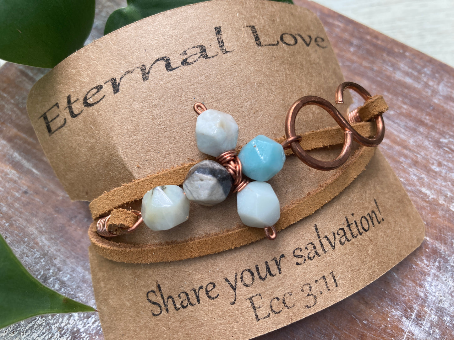 Amazonite Cross Leather Copper Infinity Wrap Bracelet