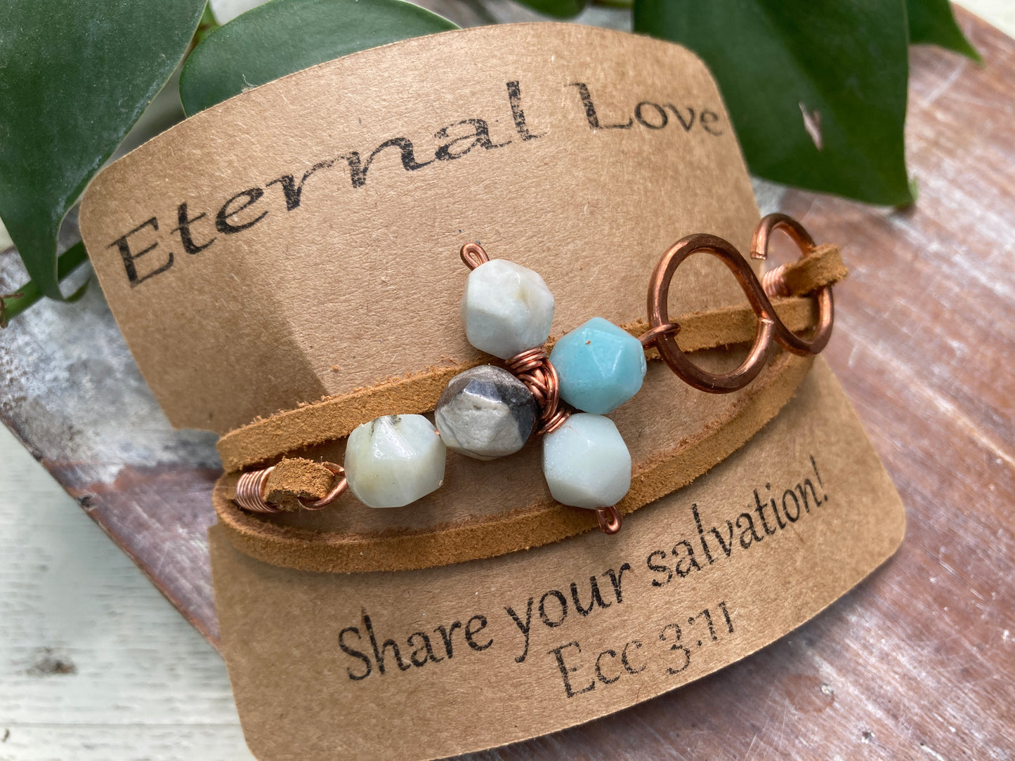 Amazonite Cross Leather Copper Infinity Wrap Bracelet