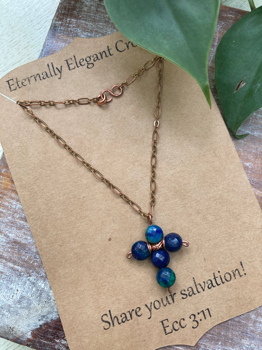 Blue Chrysocolla Cross Copper Necklace