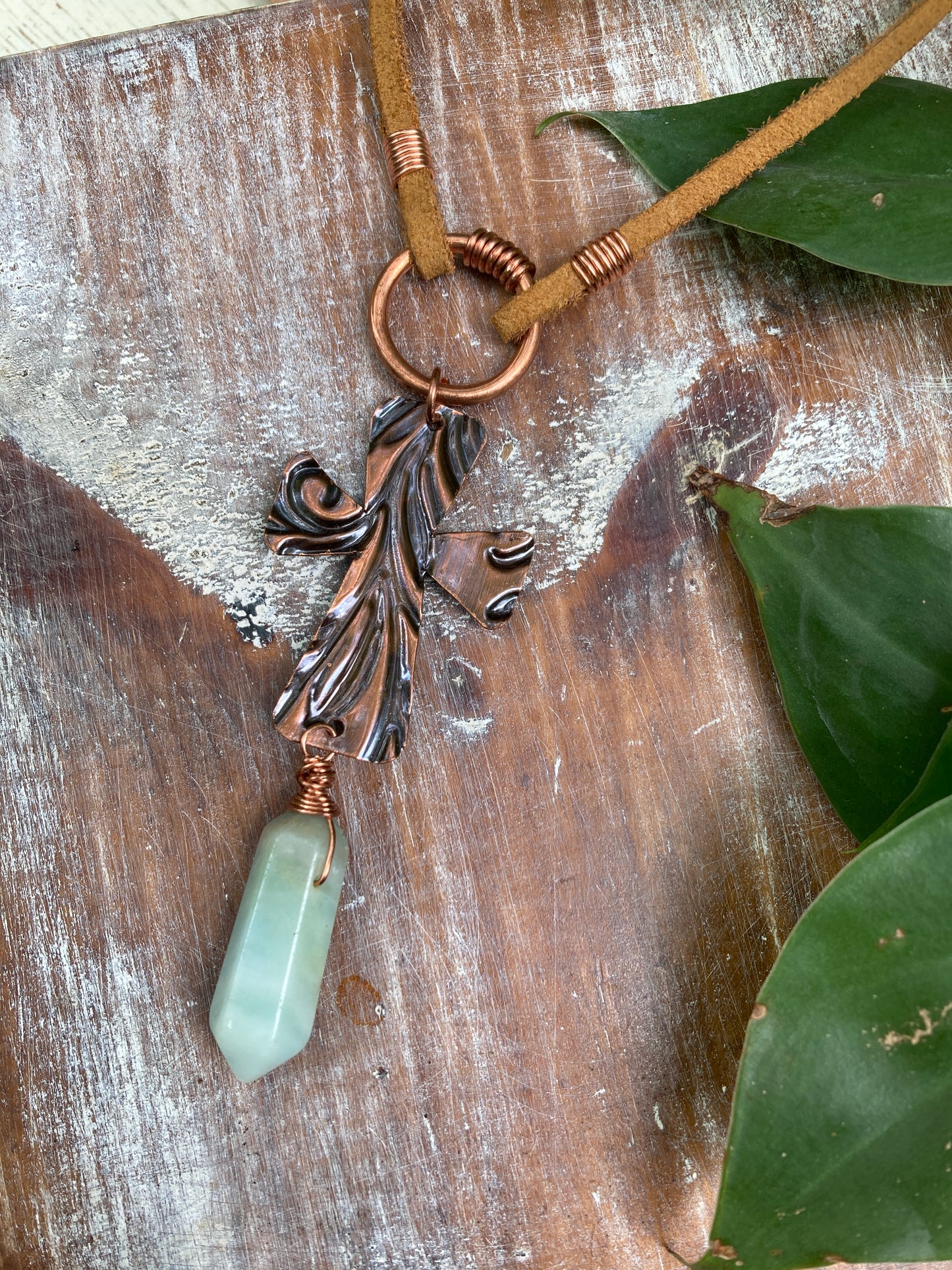 Amazonite Point Copper Cross Leather Necklace