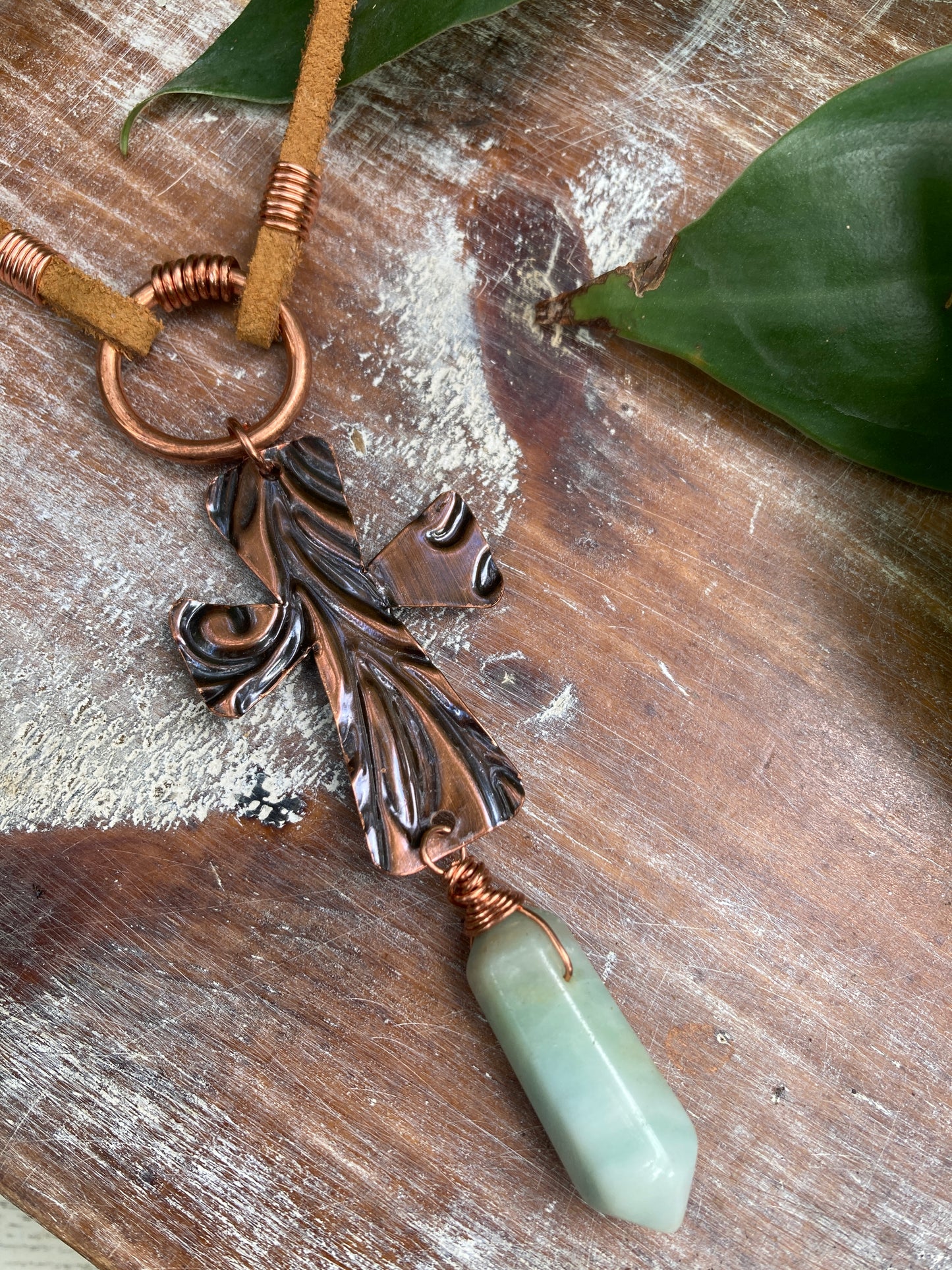 Amazonite Point Copper Cross Leather Necklace