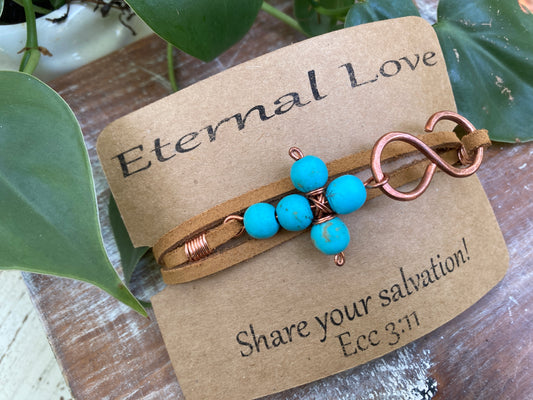 Blue Magnesite Cross Leather Copper Infinity Wrap Bracelet